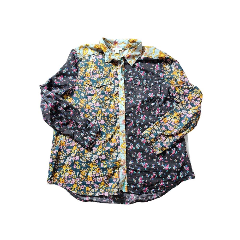 Sundance Women's Mixed Floral Print Long Sleeves Button Down Patchwork Shirt L